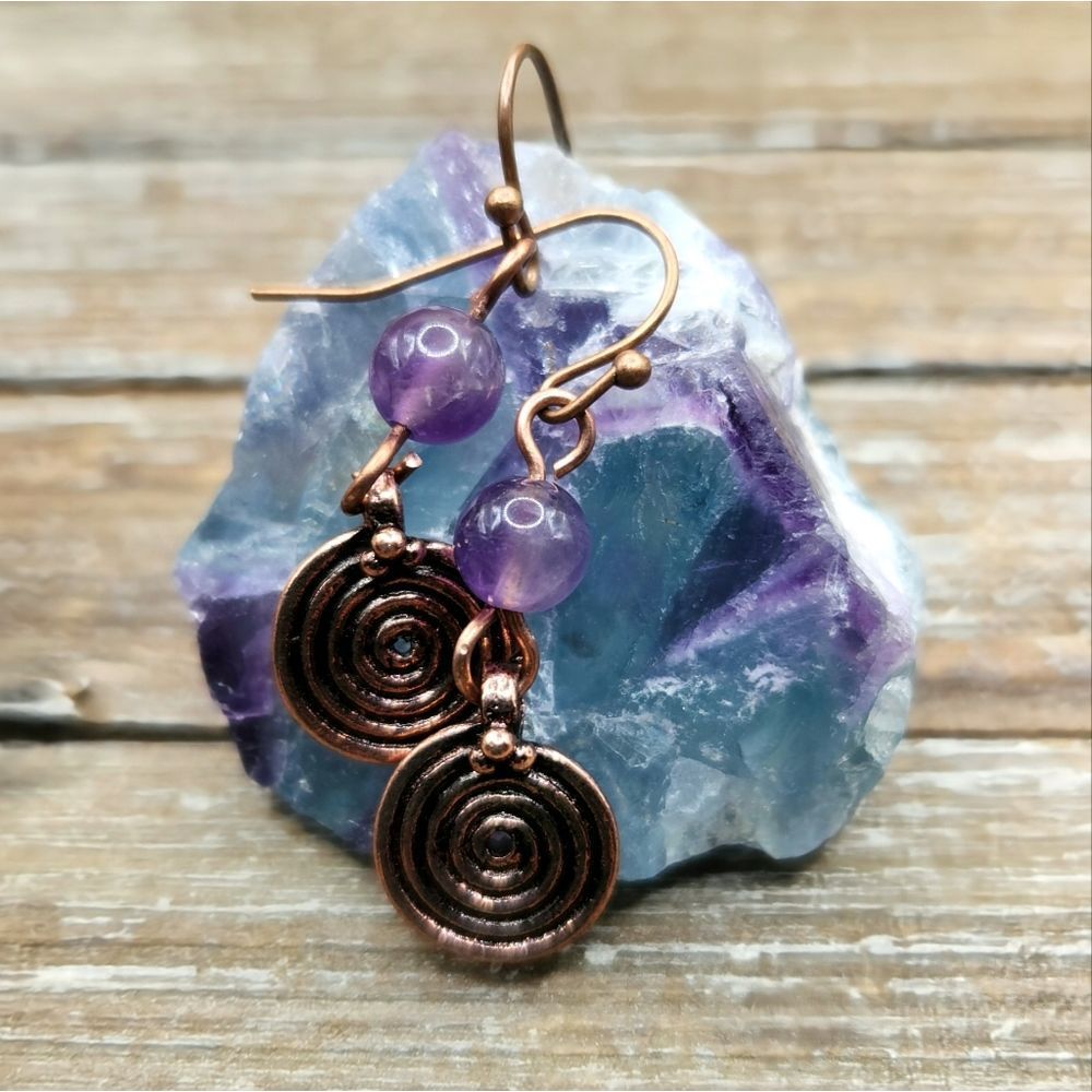 Amethyst and Copper Spiral Drop Earrings